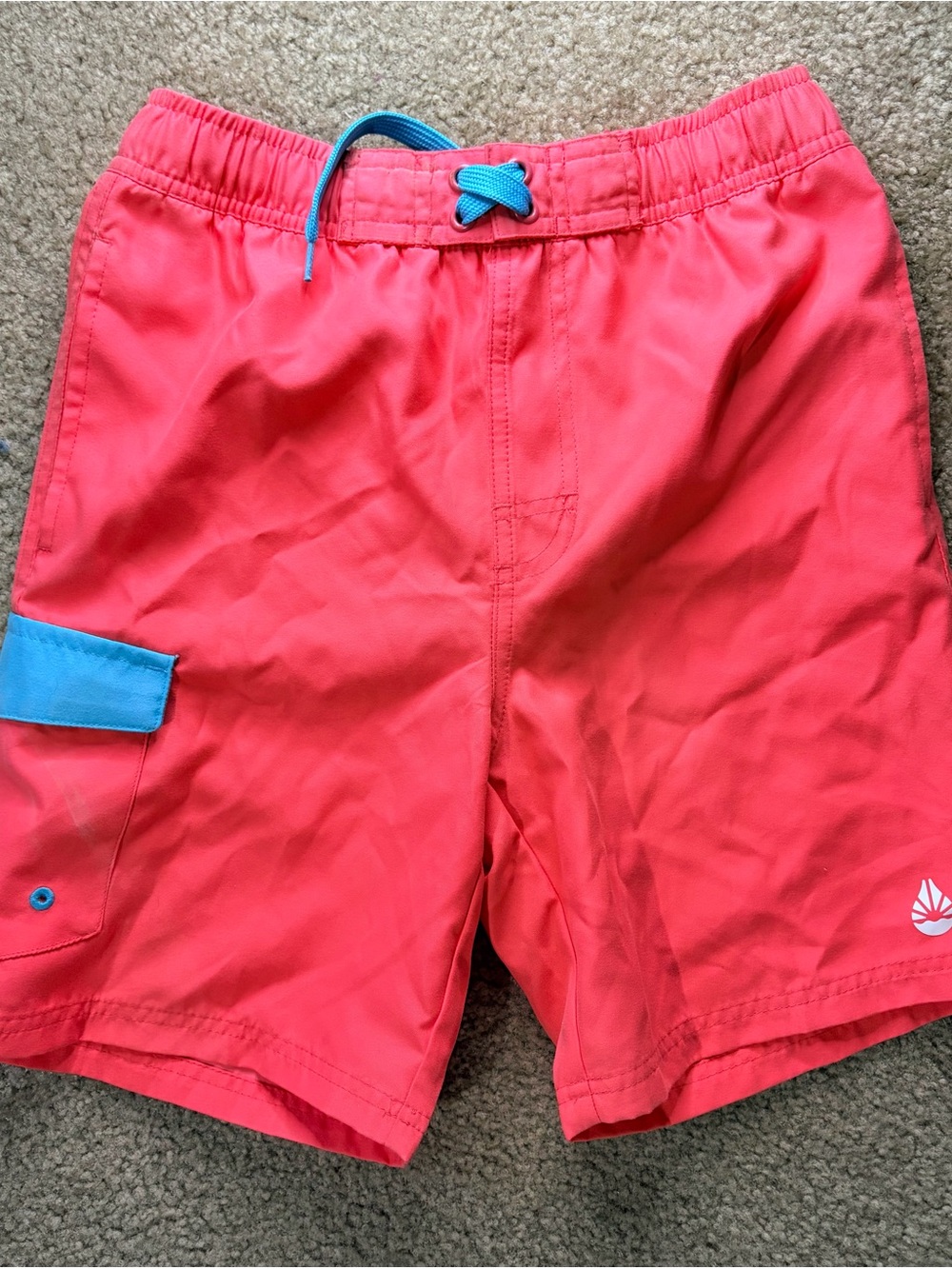 Kids Coral Swim Trunks with Turquoise Accents